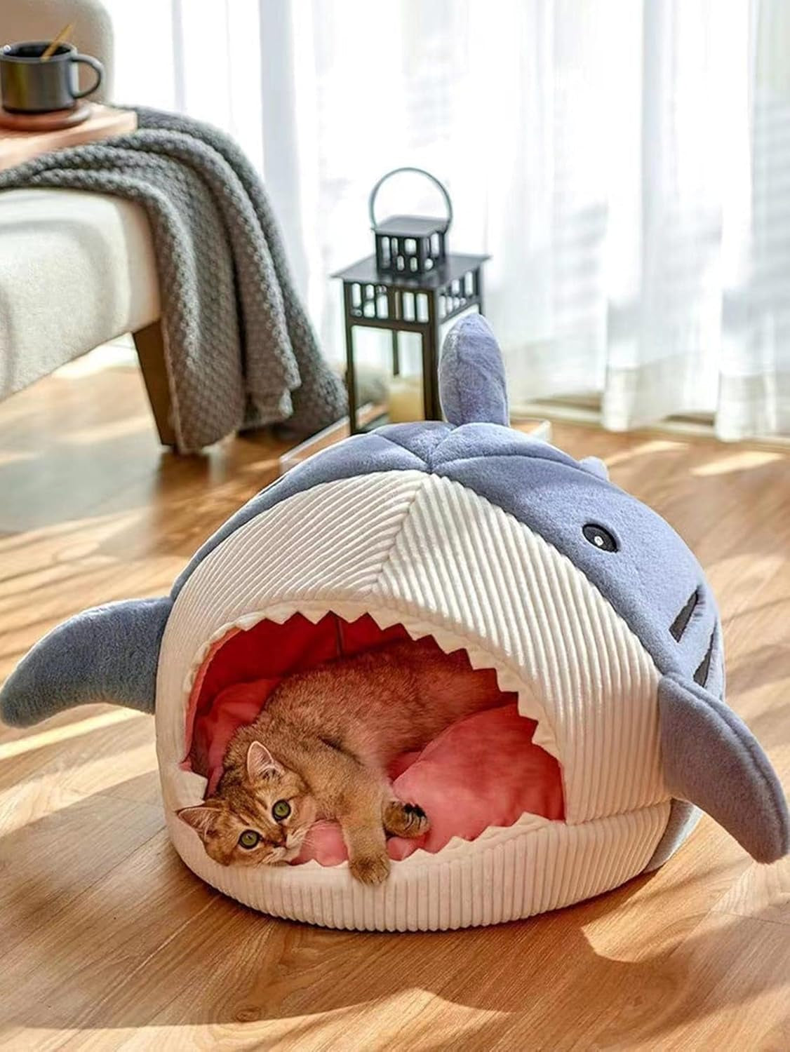 Shark-Shaped Kennel Kitten Bed Hideout House Warm Soft Comfortable Blue Medium