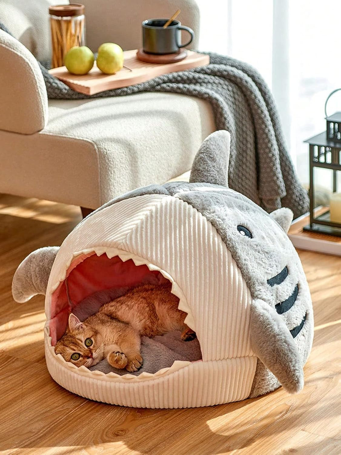 Shark-Shaped Kennel Kitten Bed Hideout House Warm Soft Comfortable / Grey Medium