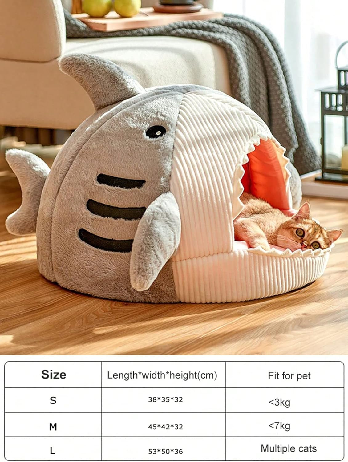 Shark-Shaped Kennel Kitten Bed Hideout House Warm Soft Comfortable / Grey Medium