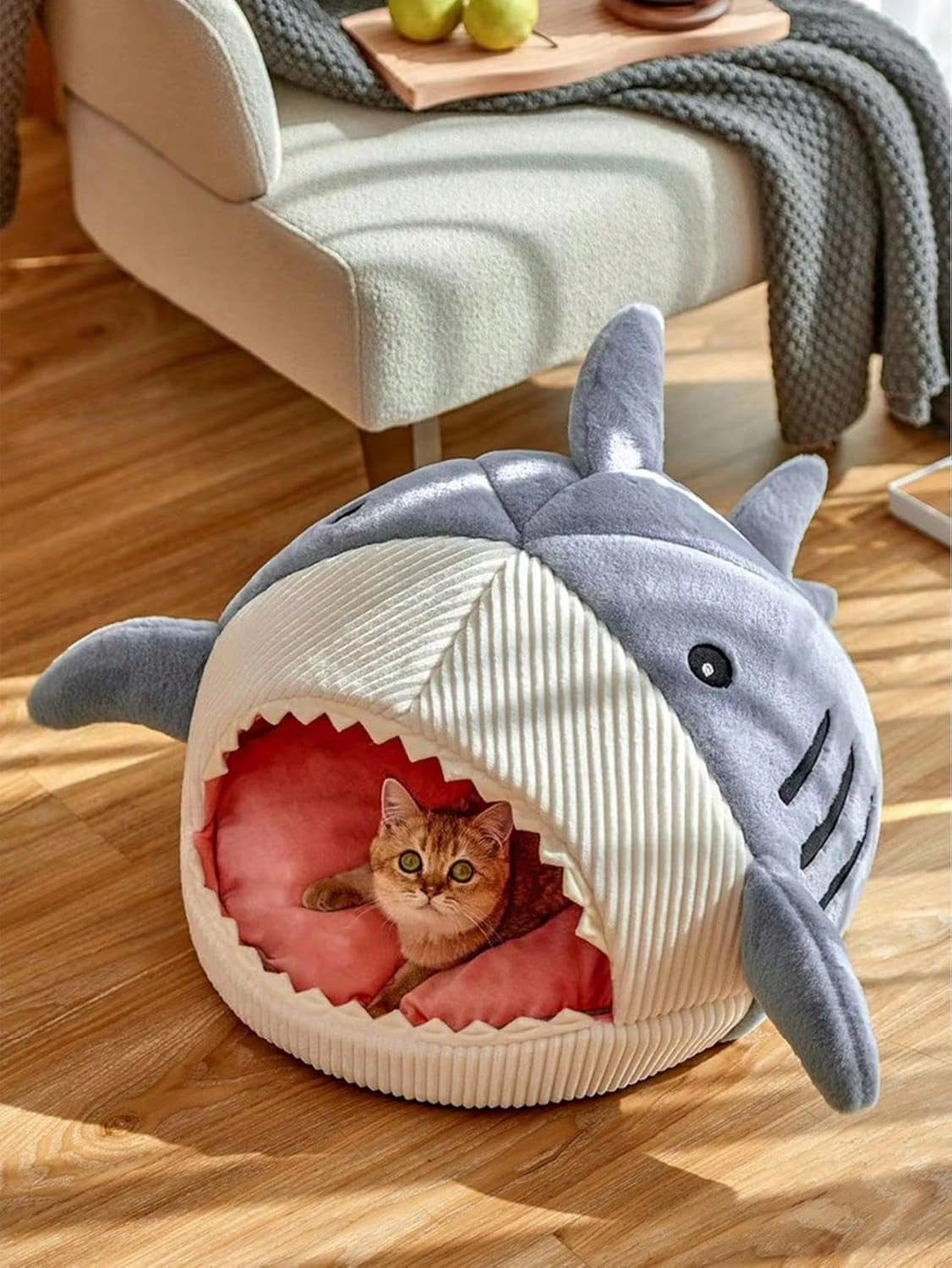 Shark-Shaped Kennel Kitten Bed Hideout House Warm Soft Comfortable Blue Medium