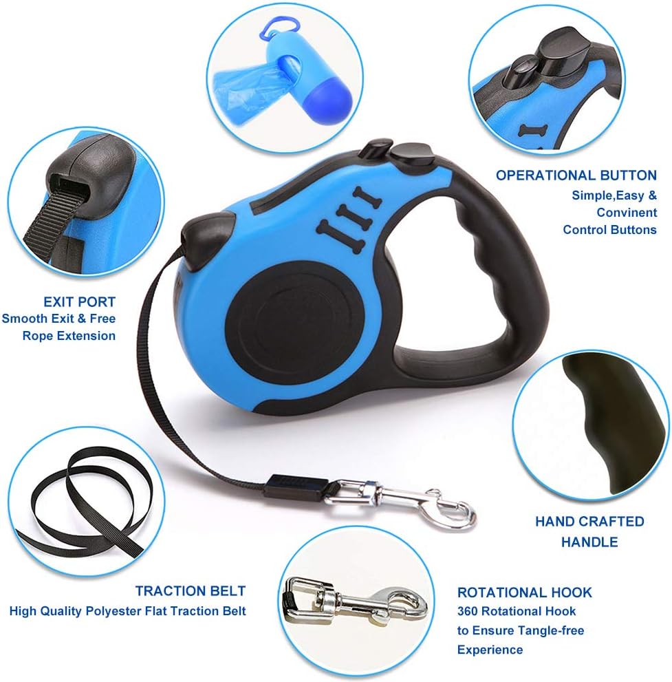 Retractable Dog Leash for Medium - Small Dogs and Cats 16.5FT Tangle Free, Heavy Duty Walking Leash with anti Slip Handle, Pause and Lock Strong Nylon Tape, Store Dog Leash Retractable