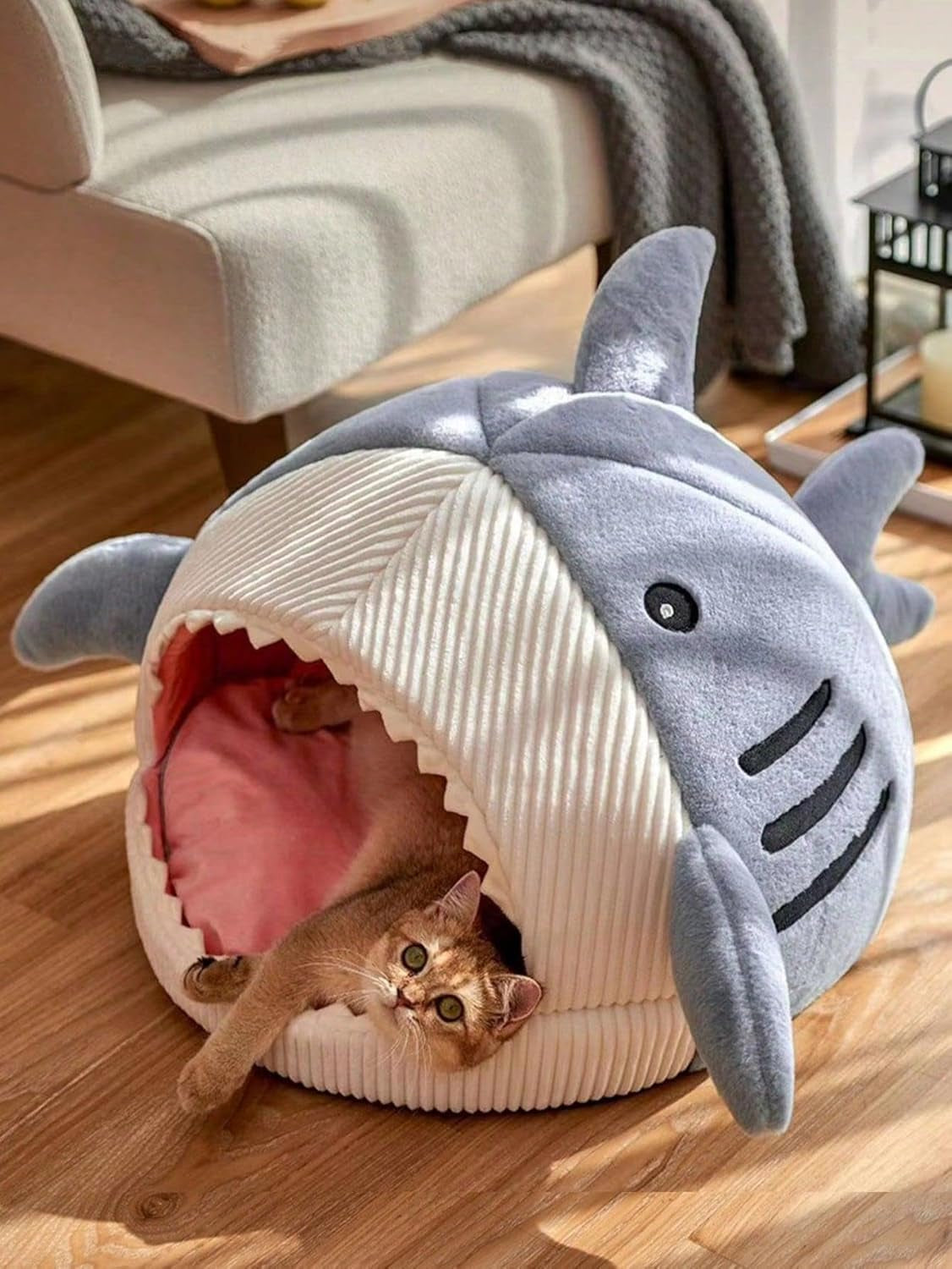 Shark-Shaped Kennel Kitten Bed Hideout House Warm Soft Comfortable Blue Medium