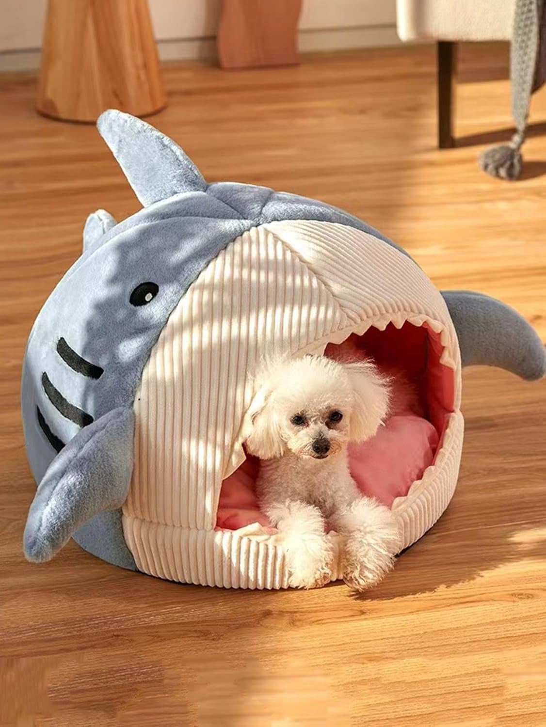 Shark-Shaped Kennel Kitten Bed Hideout House Warm Soft Comfortable Blue Medium