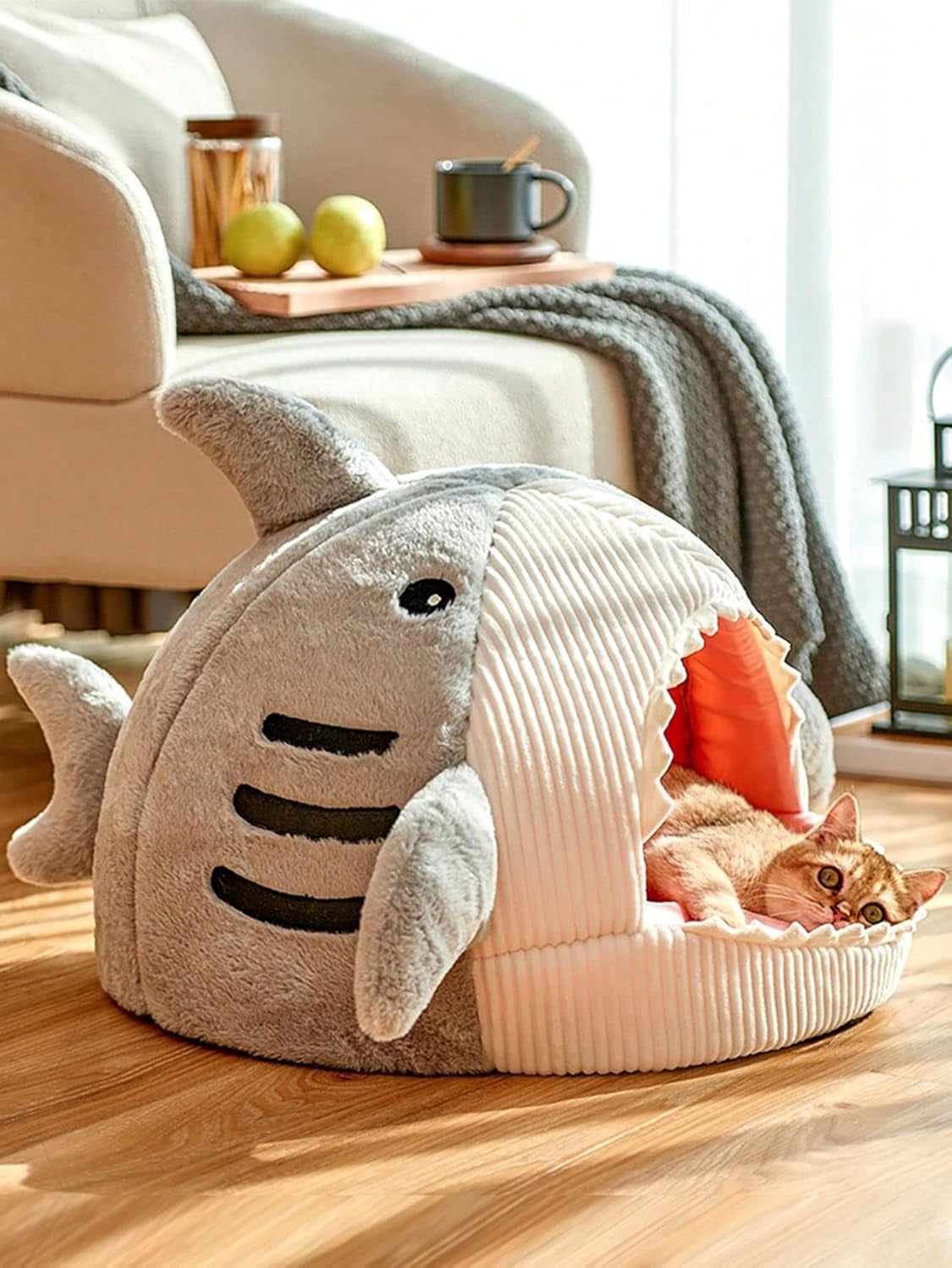Shark-Shaped Kennel Kitten Bed Hideout House Warm Soft Comfortable / Grey Medium